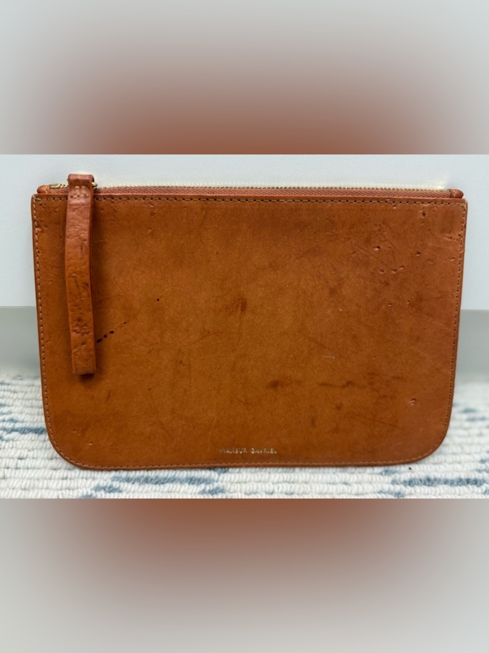 MANSUR GAVRIEL Minimalist Sleek Unisex Brown Leather Top-Zip Clutch W/ Wristlet